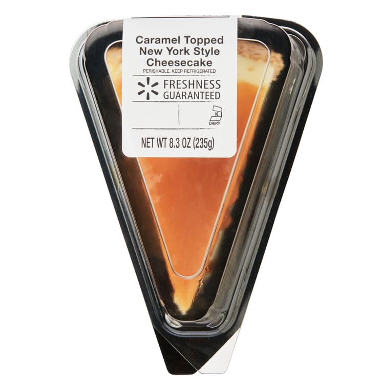 New York Style Cheesecake With Cinnamon Brown Sugar And Honey Crust And Caramel Topping, Individual Slice