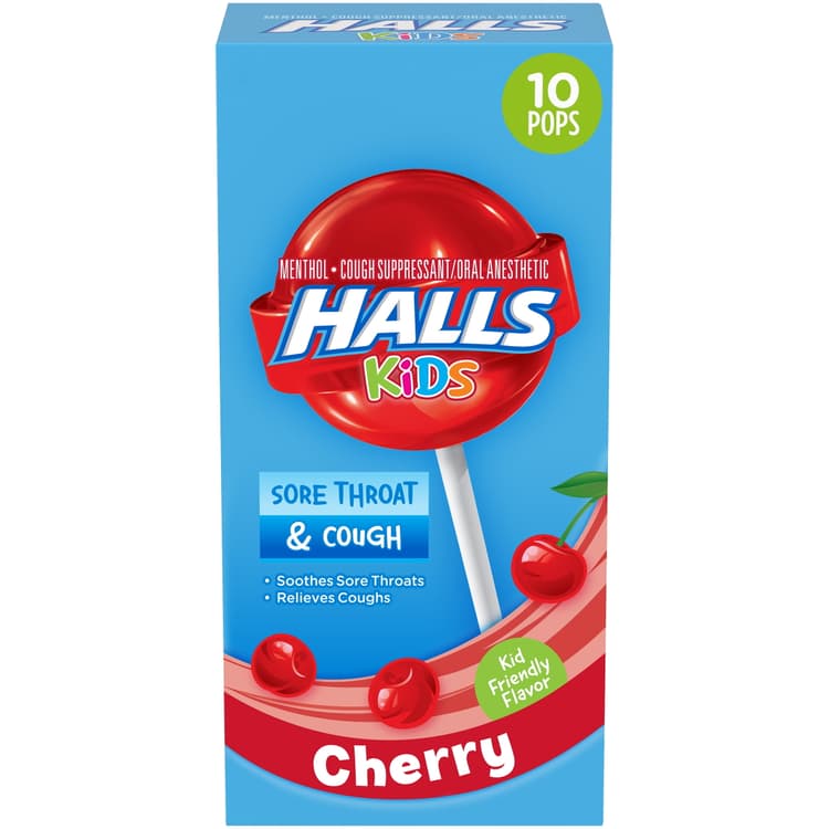 Halls Kids Cherry Cough And Sore Throat Pops, 10 Pops