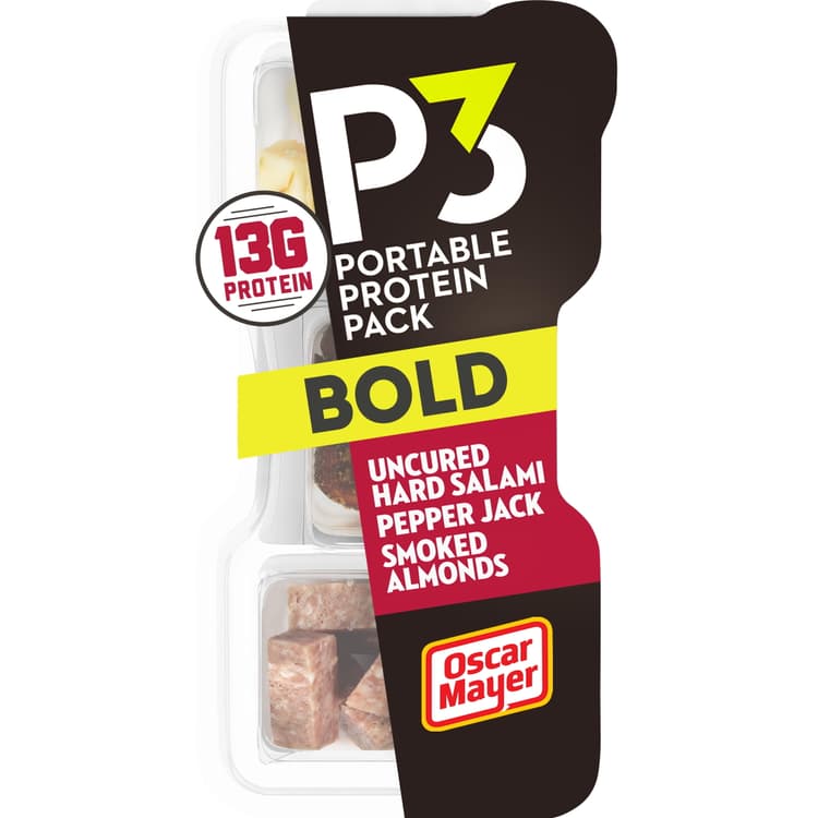 P3 Bold Portable Protein Snack Pack With Uncured Hard Salami, Pepper Jack Cheese & Smoked Almonds, Tray