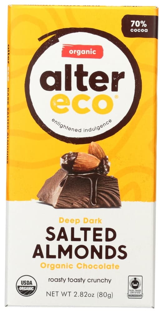 Alter Eco Dark Chocolate, Organic, Deep Dark Salted Almonds, 70% Cocoa