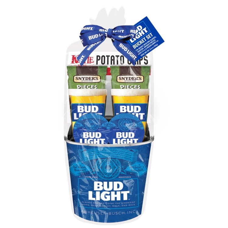 Bud Light Gift Bucket With Two Pint Glasses, Two Coasters, And Snacks