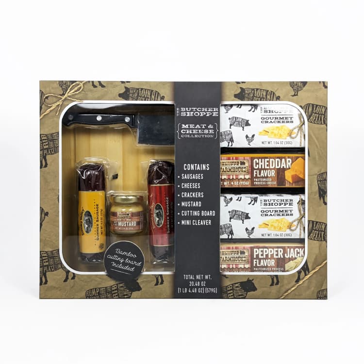 Butcher Shoppe Gift, Sausage, Cheese, Cracker, Mustard, Board, Cleaver, Shelf Ready, Msrf