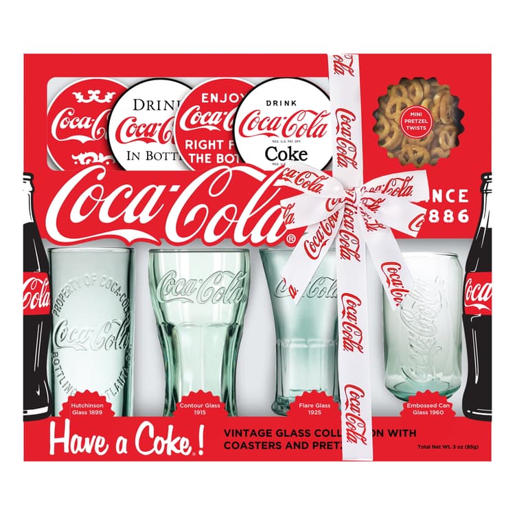 Coca Cola Glass Collectors Set With Vintage Glasses, Coasters, And Pretzels