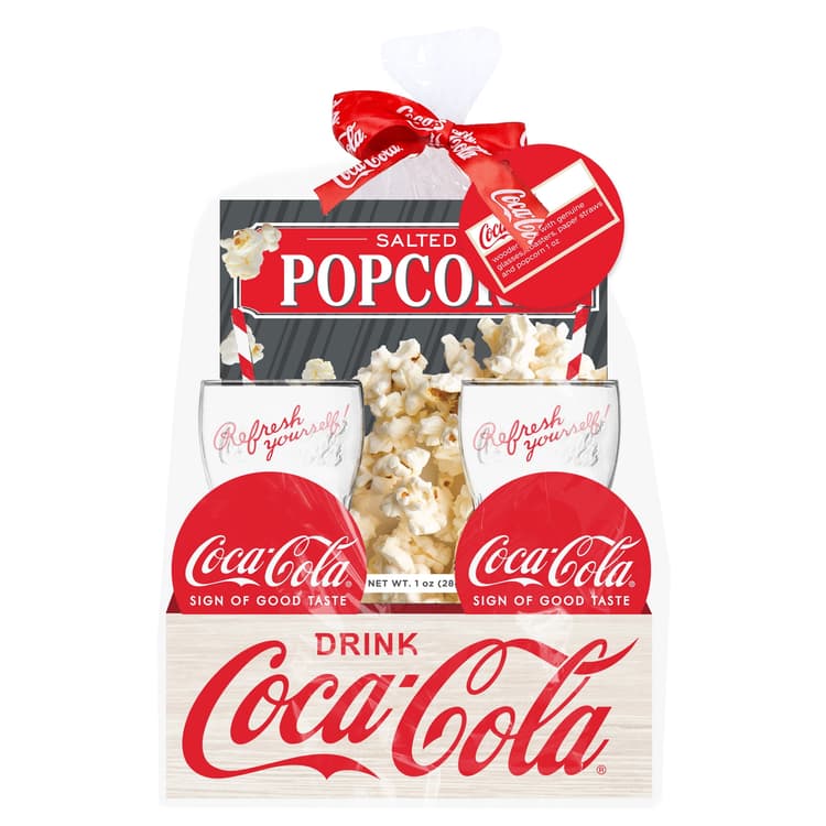 Coca Cola Wooden Crate Gift Set With Glasses, Bottle Opener, Coasters, And Popcorn