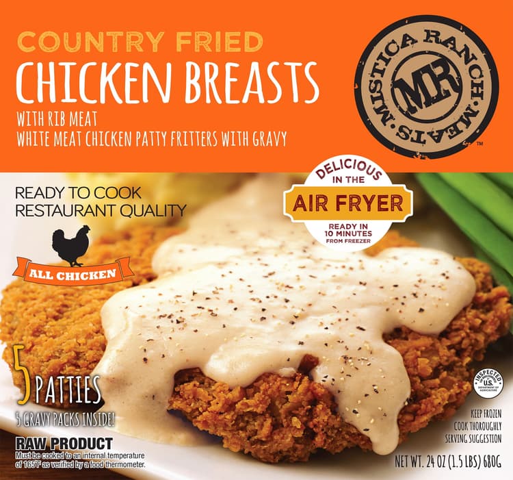 Mistica Ranch Meats Country Fried Chicken Breasts With Rib Meat Breaded White Meat Chicken Patty With Gravy