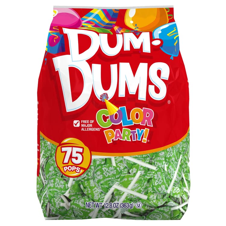 Dum Dums Color Party Lollipops, Bright Green, Sour Apple Flavor, Bag, Allergen Free
