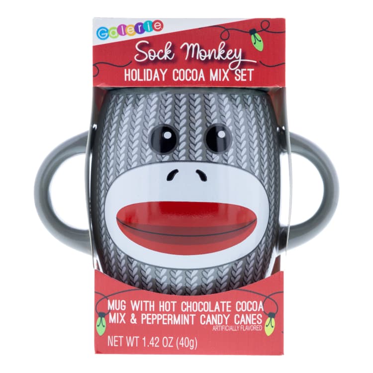 Galerie Two Handle Gray Sock Monkey Mug With Cocoa And Candy
