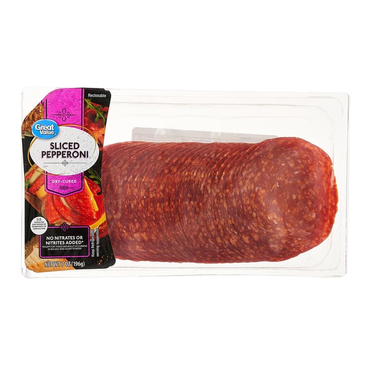 Great Value Dry-Cured Sliced Pork Pepperoni, Serving Size 33 Grams, 7 Grams Of Protein Per Serving, Plastic Tray
