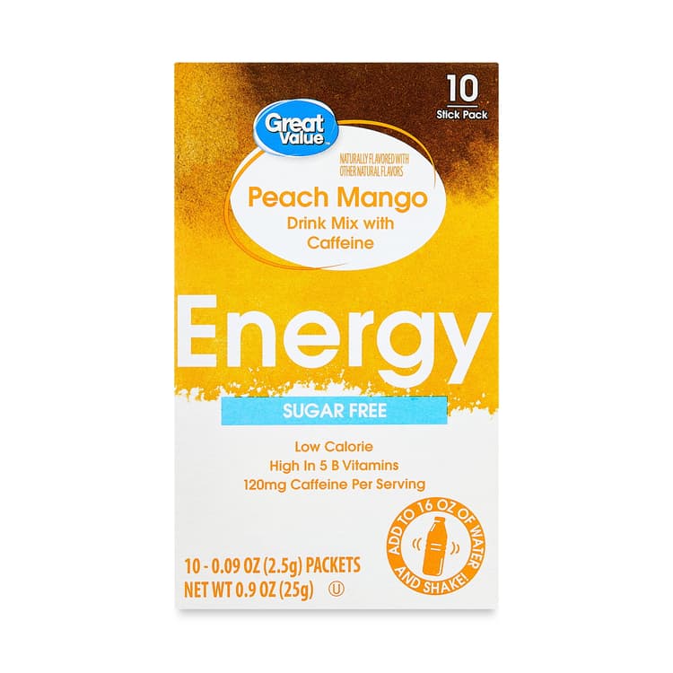 Great Value Sugar Free Low Calorie Energy Peach Mango Drink Mix With Caffeine - Naturally Flavored With Other Natural Flavors (Pack Of