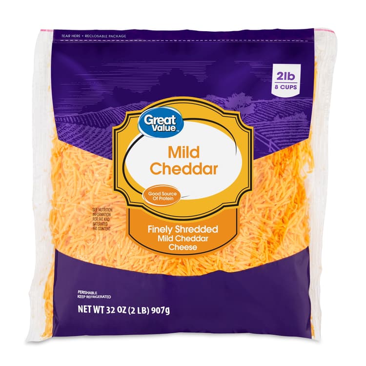 Great Value Finely Shredded Mild Cheddar Cheese, Bag (Plastic Packaging