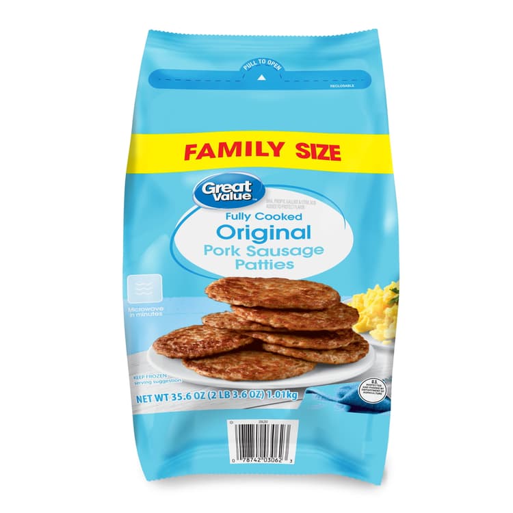 Great Value Fully Cooked Original Pork Sausage Patties, Family Size