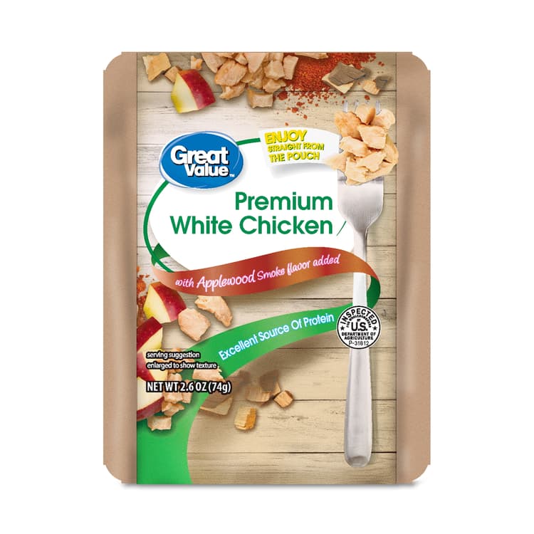 Great Value Premium White Chicken, Applewood Smoke, Pouch; 12 Grams Of Protein Per