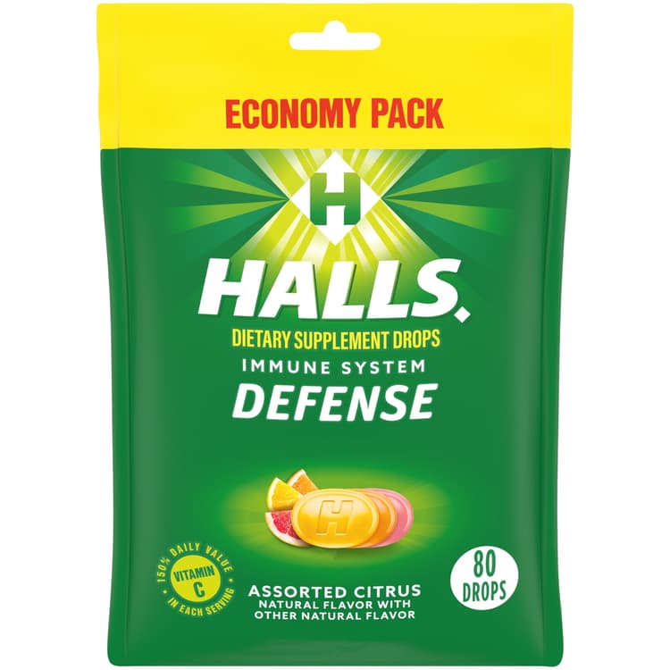 Halls Defense Assorted Citrus Vitamin C Drops, Economy Pack, 80 Drops