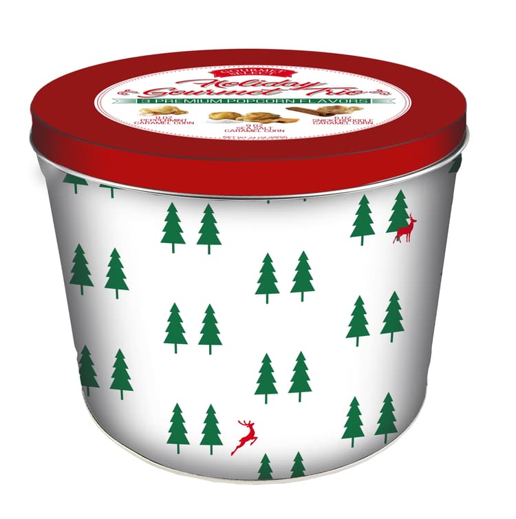 Hickory Farms Gourmet Select Reindeer & Tree Assorted Popcorn Tin, (Peppermint, Snickerdoodle & Sea Salt Caramel Flavored Popcorn