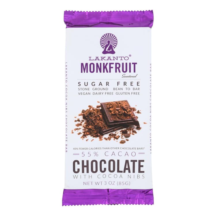 Lakanto Monkfruit Sweetened Chocolate Bar - Dark Chocolate With Cacao Nibs - Sugar Free