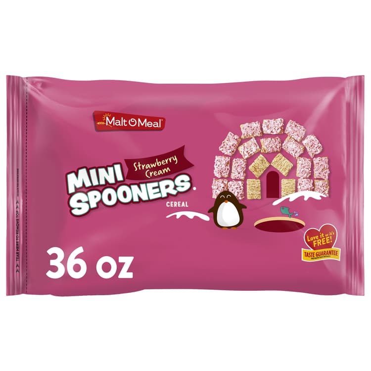 Malt-O-Meal Strawberry Cream Mini Spooners Shredded Wheat Cereal, Whole Grain Breakfast Cereal, Resealable Cereal Bag
