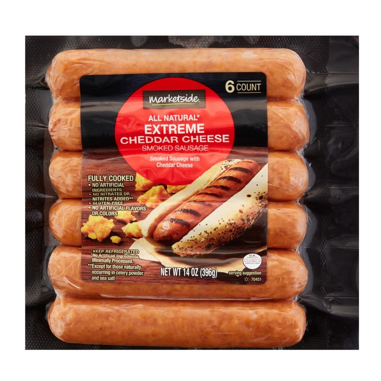 Marketside All Natural Fully Cooked Gluten-Free Extreme Cheddar Cheese Pork Smoked Sausage,, , Plastic Film