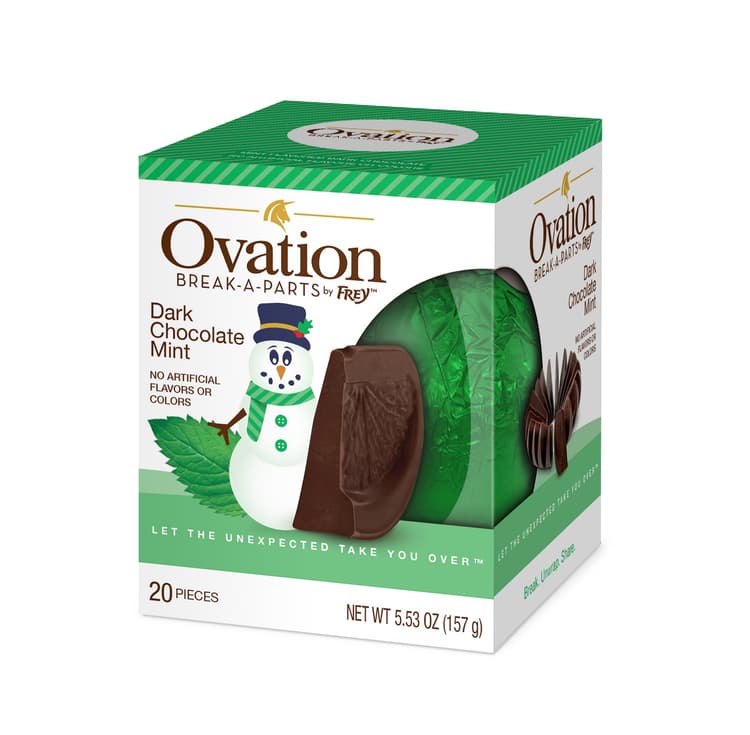 Frey (1) Box Ovation Break-A-Parts Ball/Orange Shaped Holiday Candy - Dark Chocolate Mint Flavor - Splits Into - Net Wt