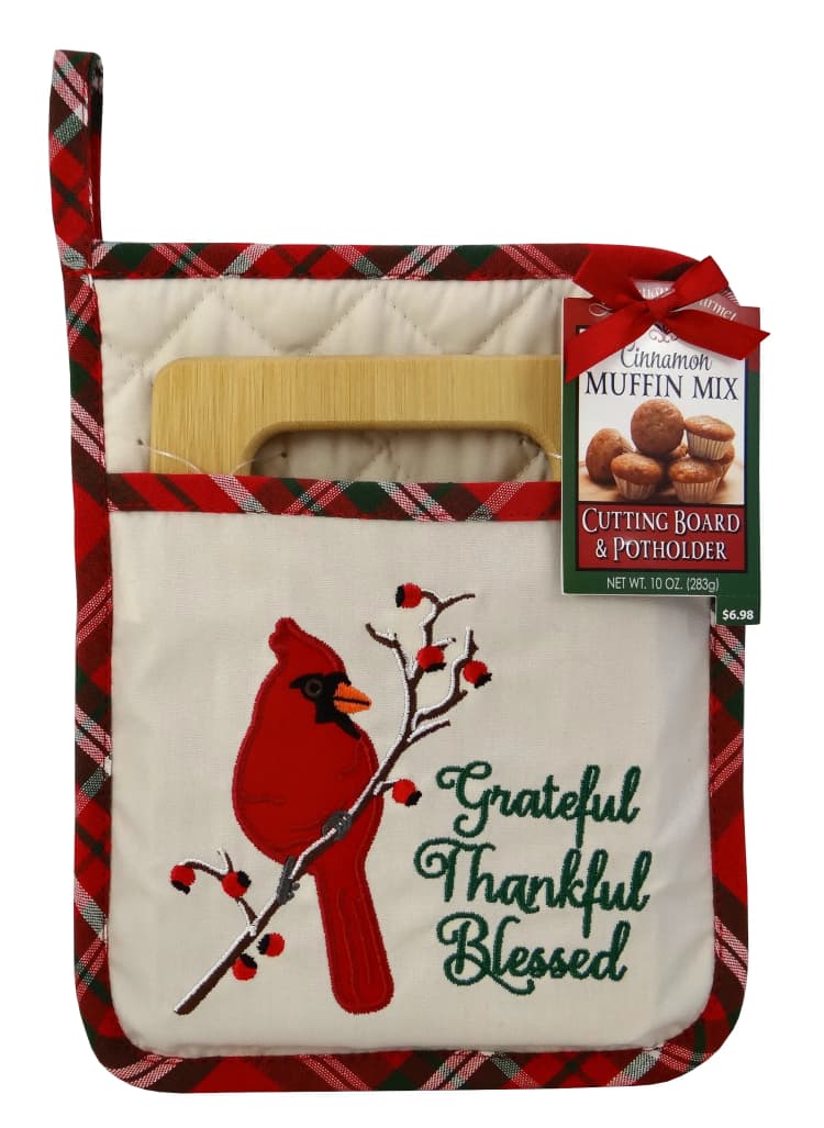 Sebastian Gourmet Cardinal Potholder With Cutting Board And Muffin Mix Set