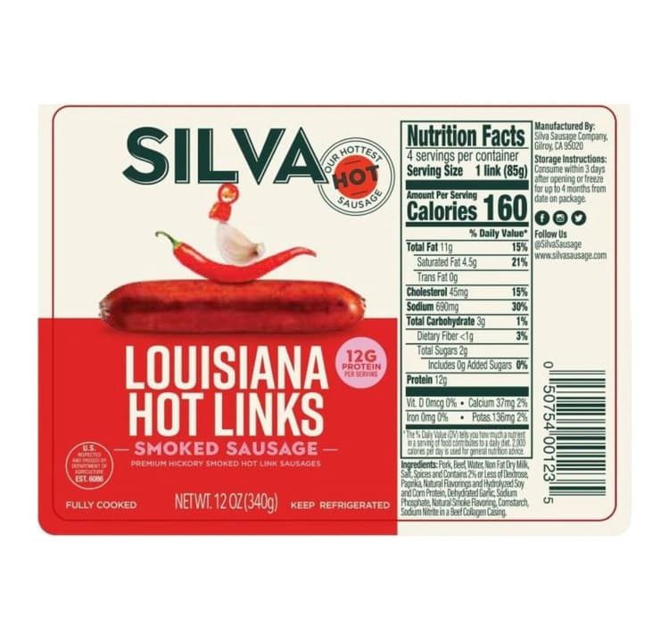 Silva Louisiana Brand Premium Hickory Smoked Hot Links, Plastic Sealed