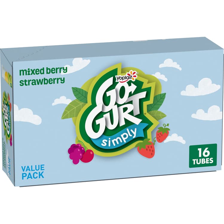 Simply Go-Gurt Strawberry And Mixed Berry Kids Low Fat Yogurt Variety Pack, Yogurt Tubes