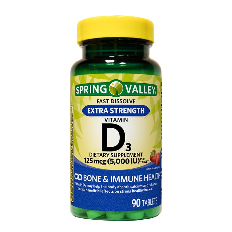 Spring Valley Extra Strength Vitamin D3 Fast Dissolve Tablets Dietary Supplement, 125 Mcg (5,000 Iu), Strawberry Flavor