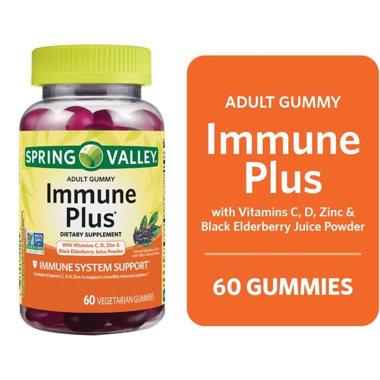 Spring Valley Immune Plus Non Gmo Vitamin C And D Vegetarian Gummies, Elderberry