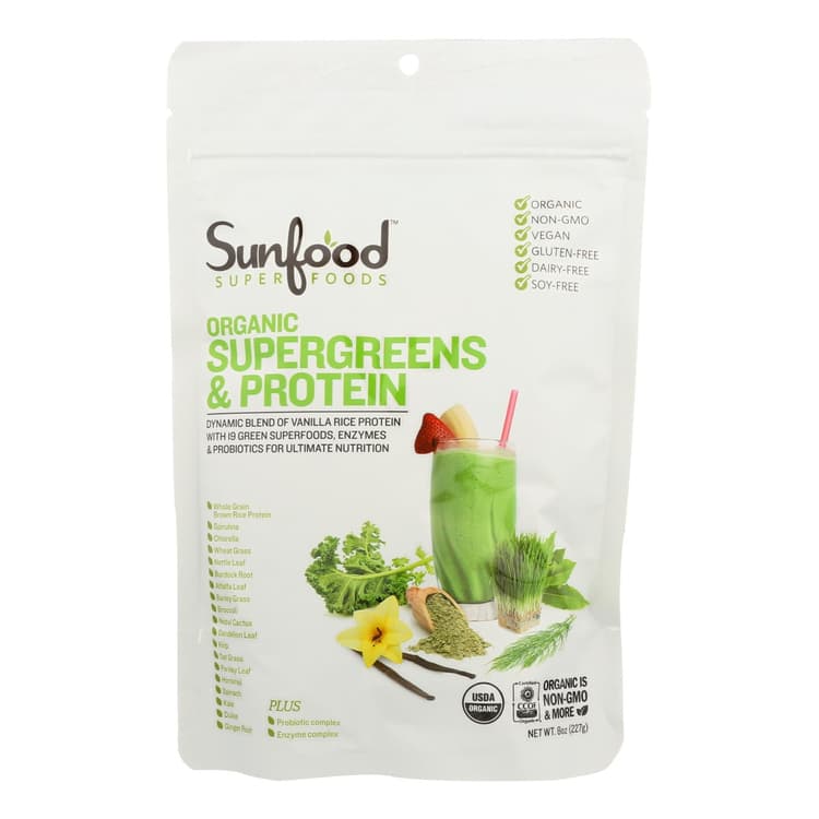 Sunfood Superfoods Super Greens Organic Superfood & Protein Powder With Probiotic Enzymes