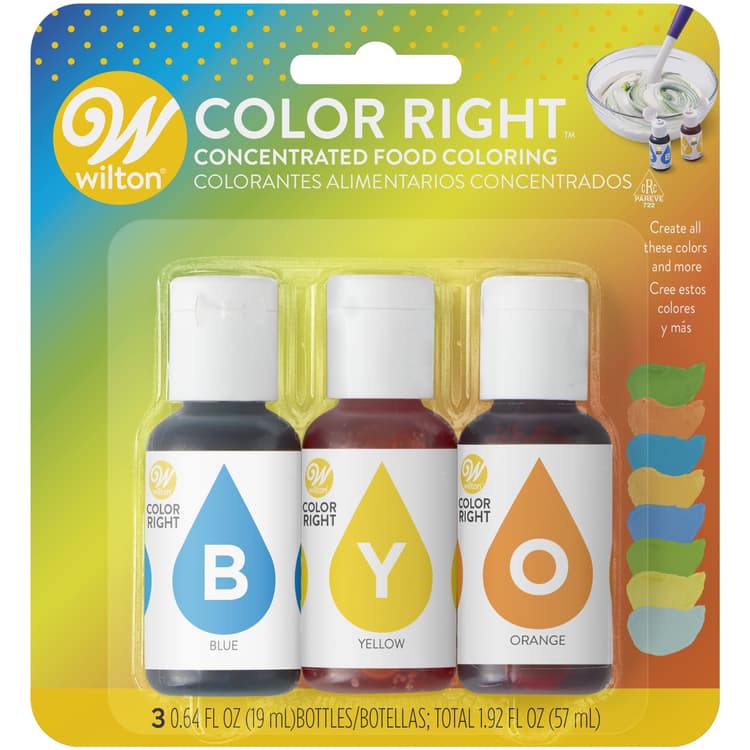 Wilton 3-Piece Color Right Concentrated Food Coloring Set, (Blue, Yellow, Orange
