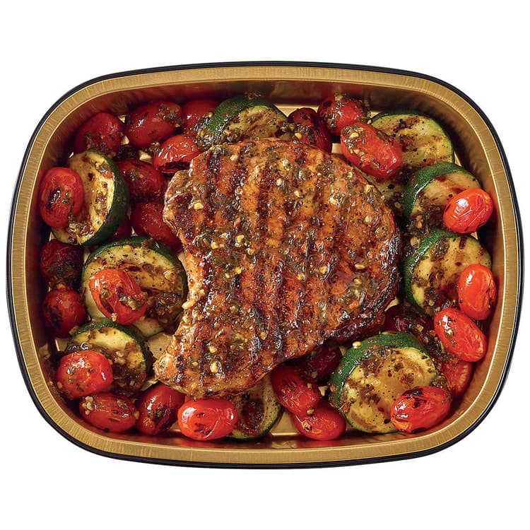 H-E-B Meal Simple Sweet Heat Bone-In Pork Chop With Chimichurri Squash & Tomatoes