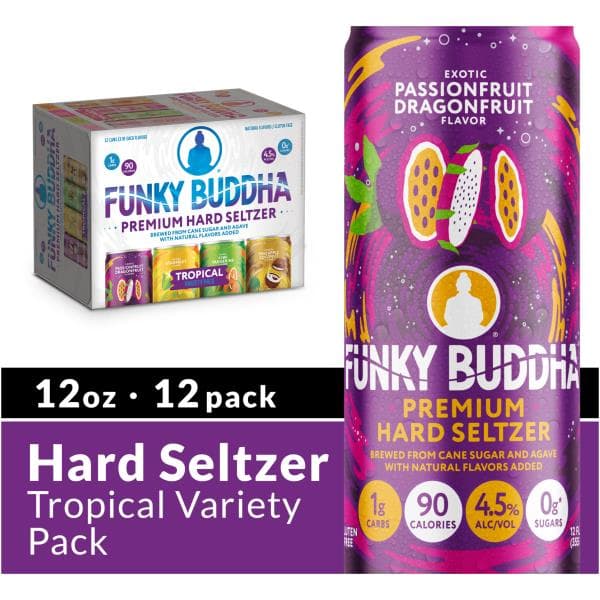 Funky Buddha Premium Hard Seltzer Variety Pack With Pineapple Coconut, Starfruit, Kiwi Tangerine, And Passionfruit Dragonfruit