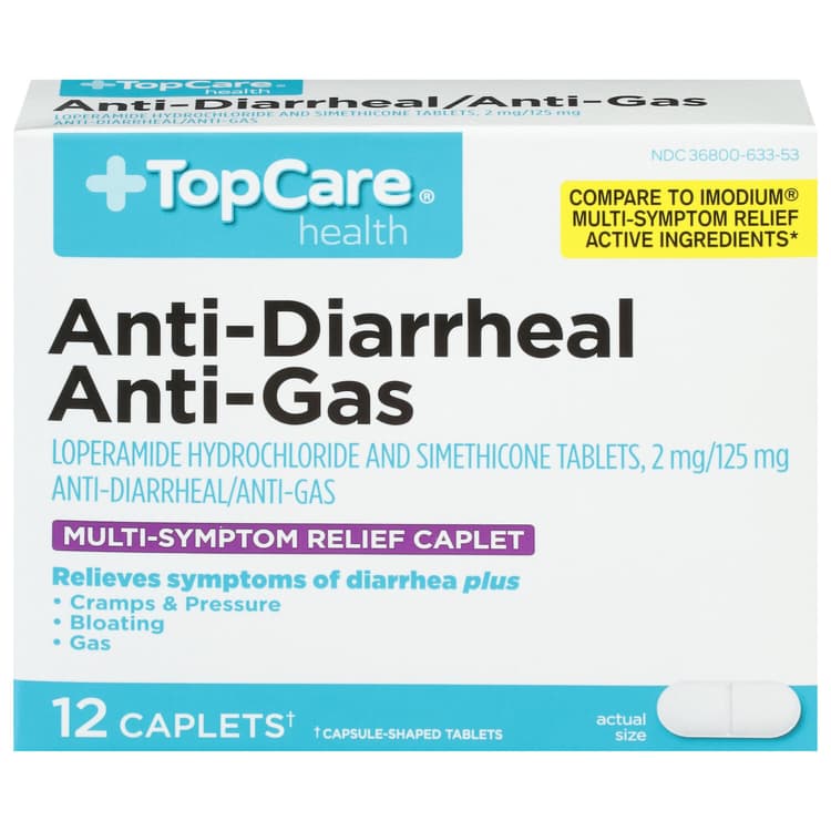 Topcare Anti-Diarrheal/Anti-Gas, Multi-Symptom Relief, Caplets
