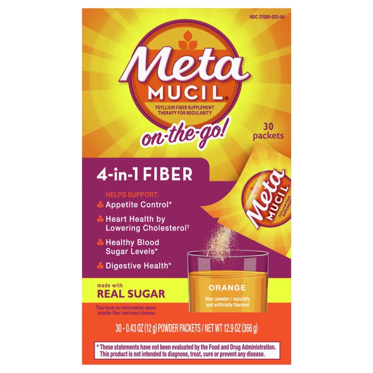 Metamucil Fiber Powder, 4-In-1, Orange, On-The-Go, Powder
