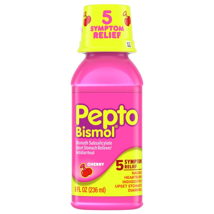 Pepto Bismol Upset Stomach Reliever/Antidiarrheal, 5 Symptom Relief, Cherry Flavor