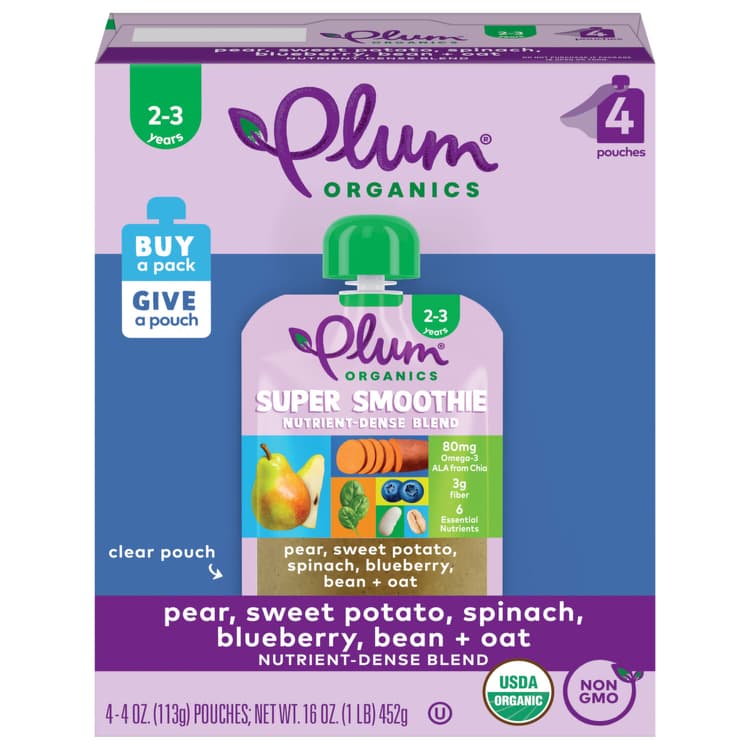Plum Organics Super Smoothie Nutrient-Dense Blend Pear, Sweet Potato, Spinach, Blueberry, Bean & Oat Pouch