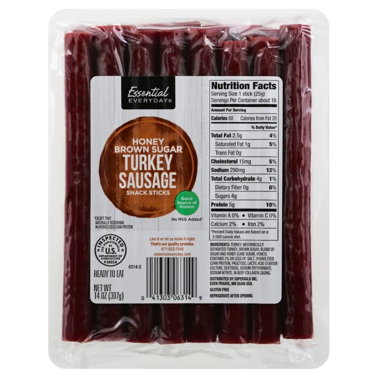 Essential Everyday Snack Sticks, Turkey Sausage, Honey Brown Sugar
