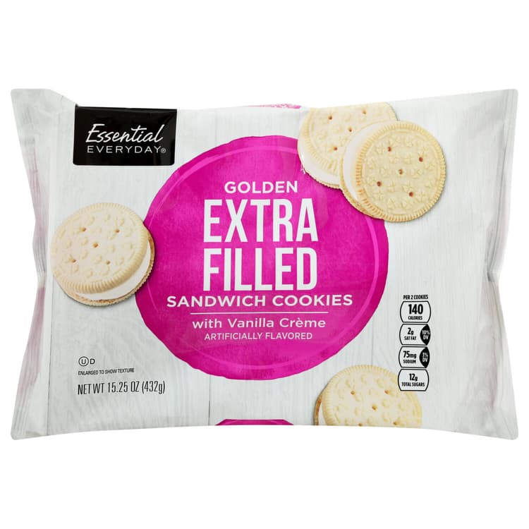 Essential Everyday Sandwich Cookies With Vanilla Creme, Golden, Extra Filled