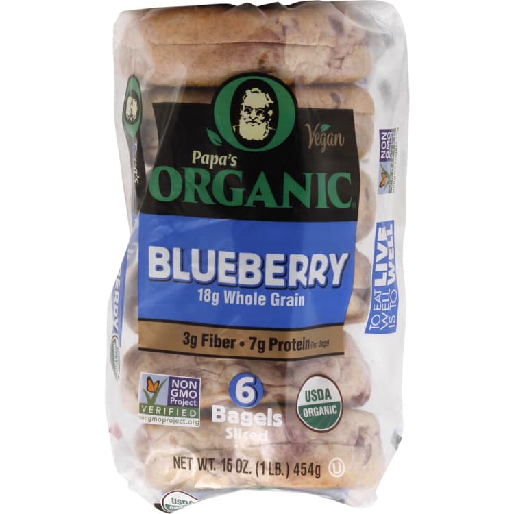 Papas Organic Bagels, Blueberry, Sliced