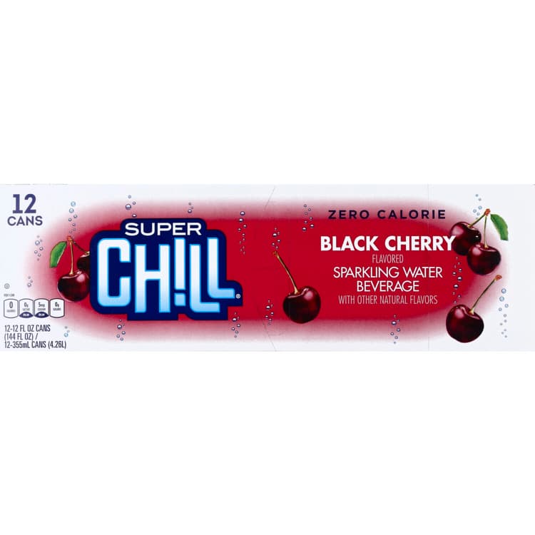 Super Chill Sparkling Water Beverage, Zero Calorie, Black Cherry Flavored
