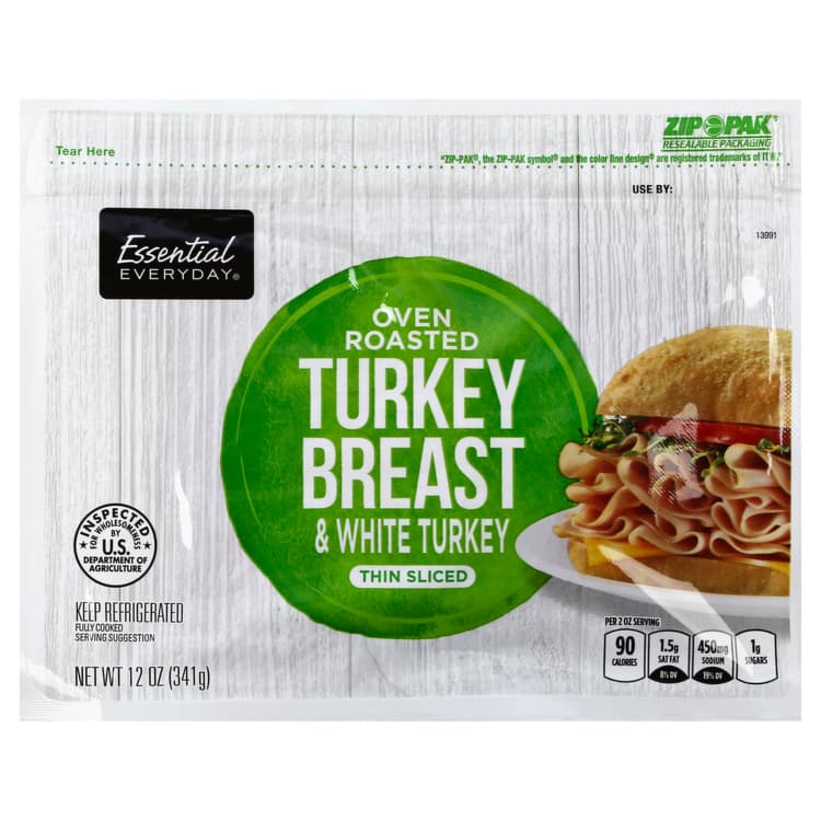Essential Everyday Turkey Breast, & White Turkey, Oven Roasted, Thin Sliced