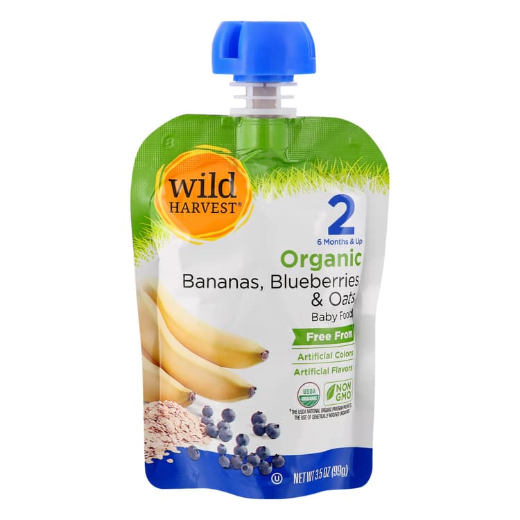 Wild Harvest Baby Food, Organic, Bananas, Blueberries & Oats, 2 (6 Months & Up