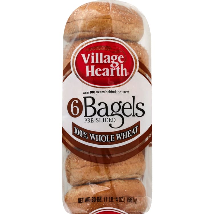 Village Hearth Bagels, 100% Whole Wheat, Pre-Sliced