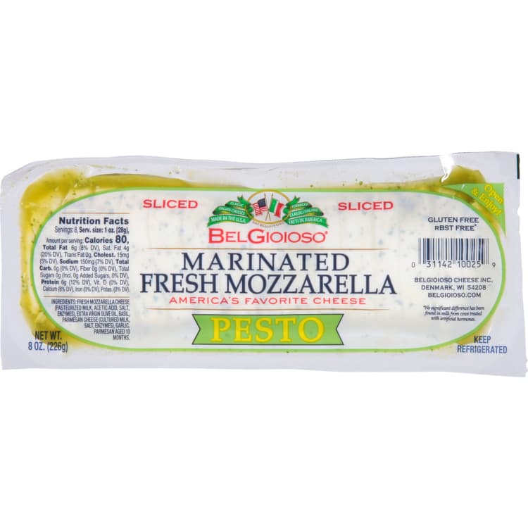Belgioioso Fresh Mozzarella Pesto Marinated Cheese Sliced
