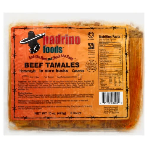 Padrino Foods Tamales, Beef, Homestyle, In Corn Husks