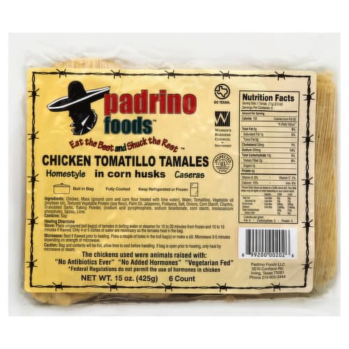 Padrino Foods Tamales, Chicken Tomatillo, Homestyle, In Corn Husks