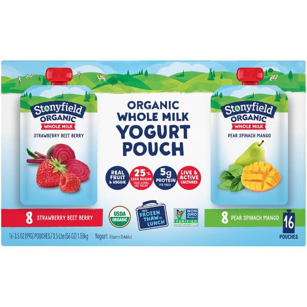 Stonyfield Organic Whole Milk Yogurt Pouch: Strawberry Beet Berry And Pear Spinach Mango Flavors 16 Pouches
