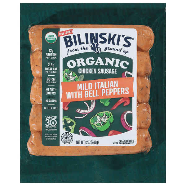 Bilinski'S Organic Fully Cooked Chicken Sausage Links - Mild Italian Bell Peppers