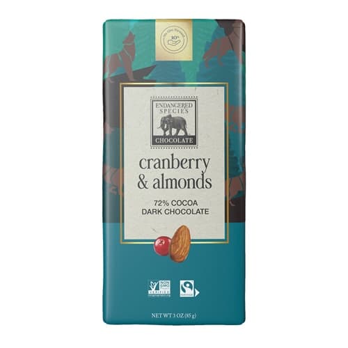 Endangered Species Dark Chocolate 72% Cocoa Bar Vegan Gluten Free Cranberry And Almonds