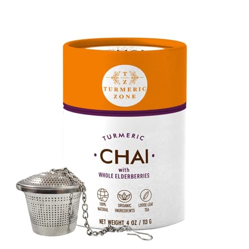 Turmeric Zone Turmeric Chai Tea With Whole Elderberries Comes With Eco Friendly Tea Container